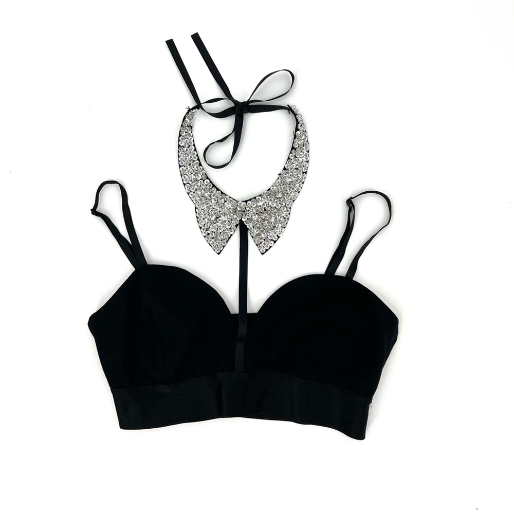 Bebe Black Sparkle Jeweled Beaded Crystal Collar Kitten Black Tie Tux Top